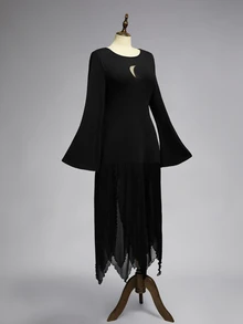 ROMWE Goth فستان نسائي مقاس كبير بتصميم قوطي داكن مع قمر وشبكة مجوفة وحافة غير متماثلة وتفاصيل رقعات - الأسود - مشاهدة 3