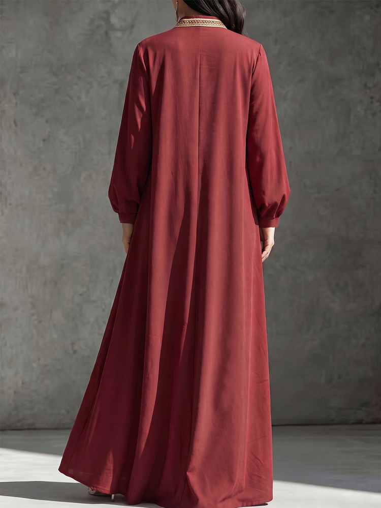 Linhara CURVE 大尺碼中式刺繡洋裝，立領盤扣長袖寬鬆版型洋裝 - 酒紅色 - 查看 2