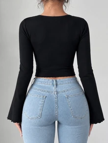 SHEIN Raffinéa Trumpet Sleeve Lettuce Trim Twist Hanky Hem Crop Tee Fall Cloth For Women - Black - View 2