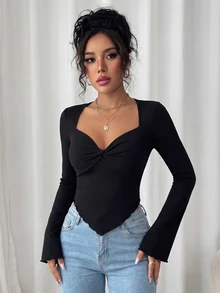 SHEIN Raffinéa Trumpet Sleeve Lettuce Trim Twist Hanky Hem Crop Tee Fall Cloth For Women - Black - View 4