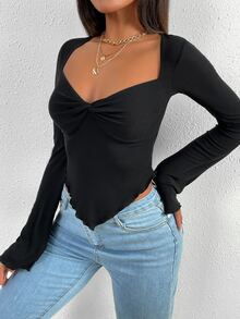 SHEIN Raffinéa Trumpet Sleeve Lettuce Trim Twist Hanky Hem Crop Tee Fall Cloth For Women - Black - View 7