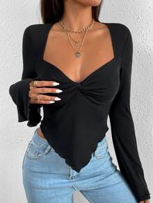 SHEIN Raffinéa Trumpet Sleeve Lettuce Trim Twist Hanky Hem Crop Tee Fall Cloth For Women - Black - View 6