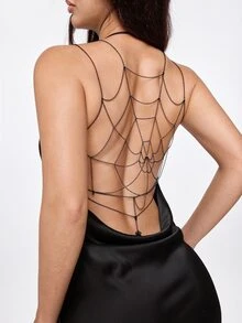 ROMWE 1pc Vintage Dark Gothic Metal Spider Web Multi-Layer Chain Back Chain, Sexy Body Chain, Halloween Party Nightclub Dance Accessory For Women - Black - View 2