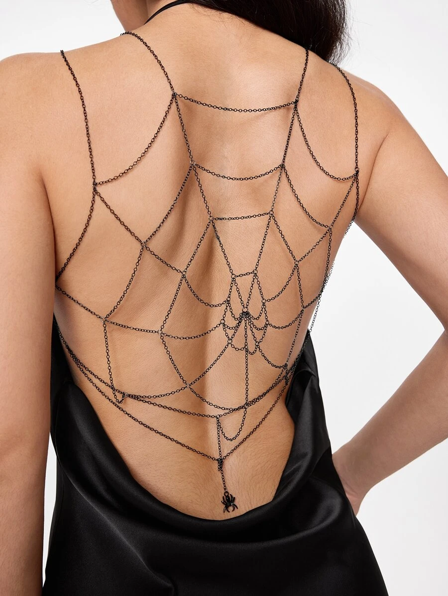 ROMWE 1pc Vintage Dark Gothic Metal Spider Web Multi-Layer Chain Back Chain, Sexy Body Chain, Halloween Party Nightclub Dance Accessory For Women - Black - View 1