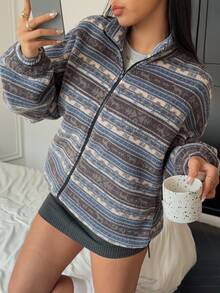 CovetEZ 女士几何彩色条纹落肩宽松羊毛夹克，秋冬 - 彩色 - 查看 5