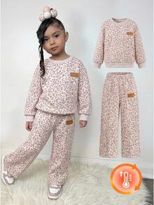 SHEIN Girls Cute Casual Leopard Print Crew Neck Long Sleeve Sweatshirt Set Baby - Multicolor - View 7