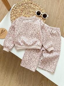 SHEIN Girls Cute Casual Leopard Print Crew Neck Long Sleeve Sweatshirt Set Baby - Multicolor - View 2
