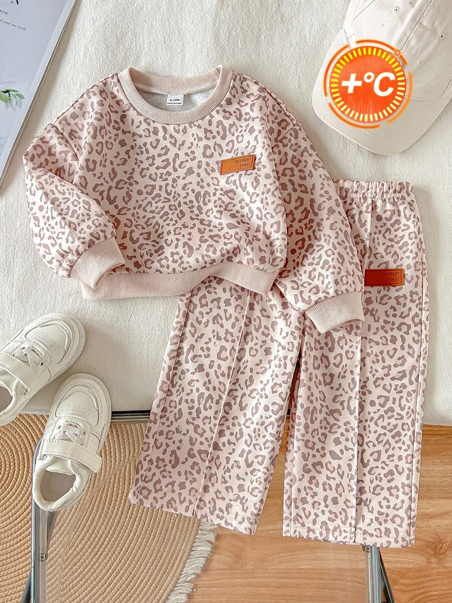 SHEIN Girls Cute Casual Leopard Print Crew Neck Long Sleeve Sweatshirt Set Baby - Multicolor - View 1