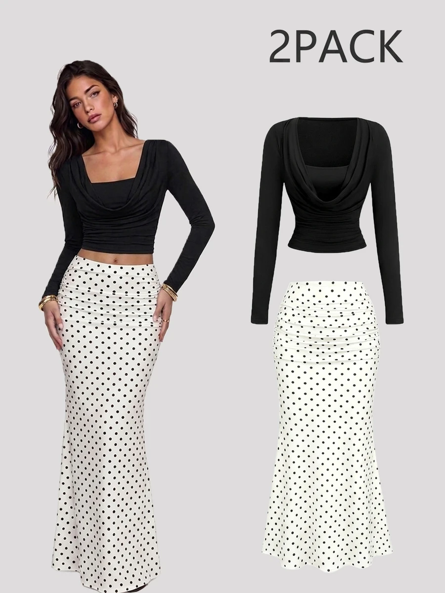 Sweetra Women's Long Sleeve Cowl Neck T-Shirt And Polka Dot Mermaid Skirt 2 Pieces Set - Black - View 1