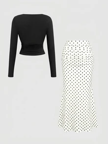 Sweetra Women's Long Sleeve Cowl Neck T-Shirt And Polka Dot Mermaid Skirt 2 Pieces Set - Black - View 2