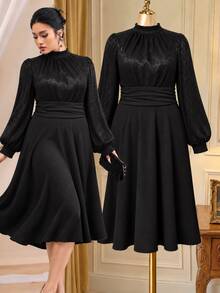 Rometta Plus Size Stand Collar Criss-Cross Tie Luxury High-Gloss Rhinestone Patchwork Black Long Sleeve Short Dress Dinner Formal Elegant Fall - Black - View 4