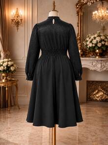 Rometta Plus Size Stand Collar Criss-Cross Tie Luxury High-Gloss Rhinestone Patchwork Black Long Sleeve Short Dress Dinner Formal Elegant Fall - Black - View 2