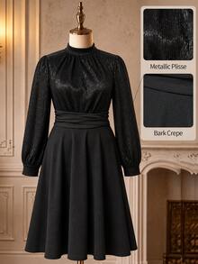 Rometta Plus Size Stand Collar Criss-Cross Tie Luxury High-Gloss Rhinestone Patchwork Black Long Sleeve Short Dress Dinner Formal Elegant Fall - Black - View 5