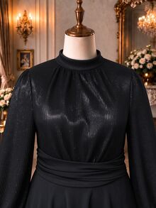 Rometta Plus Size Stand Collar Criss-Cross Tie Luxury High-Gloss Rhinestone Patchwork Black Long Sleeve Short Dress Dinner Formal Elegant Fall - Black - View 6