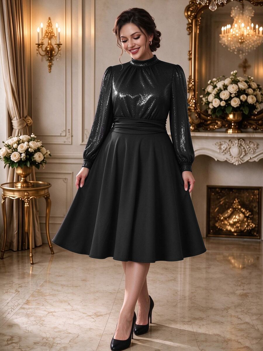 Rometta Plus Size Stand Collar Criss-Cross Tie Luxury High-Gloss Rhinestone Patchwork Black Long Sleeve Short Dress Dinner Formal Elegant Fall - Black - View 1