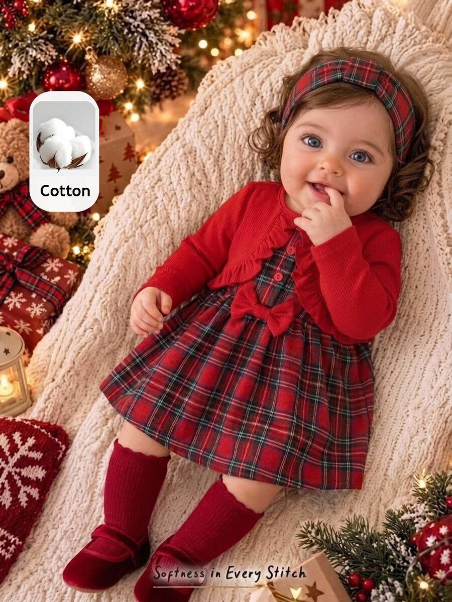 Cozy Pixies Đầm bé gái dệt kim màu trơn phối caro dệt viền bèo 2 trong 1 phong cách thường ngày - Nhiều màu - Xem 1