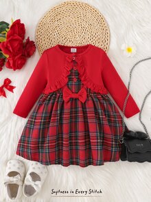 Cozy Pixies Đầm bé gái dệt kim màu trơn phối caro dệt viền bèo 2 trong 1 phong cách thường ngày - Nhiều màu - Xem 5
