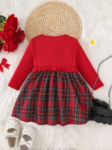 Cozy Pixies Đầm bé gái dệt kim màu trơn phối caro dệt viền bèo 2 trong 1 phong cách thường ngày - Nhiều màu - Xem 2