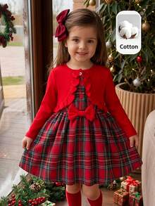 Cozy Pixies Đầm bé gái dệt kim màu trơn phối caro dệt viền bèo 2 trong 1 phong cách thường ngày - Nhiều màu - Xem 6