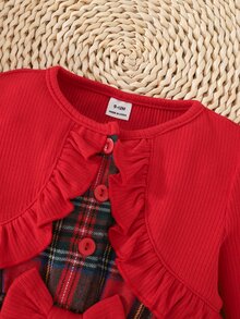 Cozy Pixies Đầm bé gái dệt kim màu trơn phối caro dệt viền bèo 2 trong 1 phong cách thường ngày - Nhiều màu - Xem 3