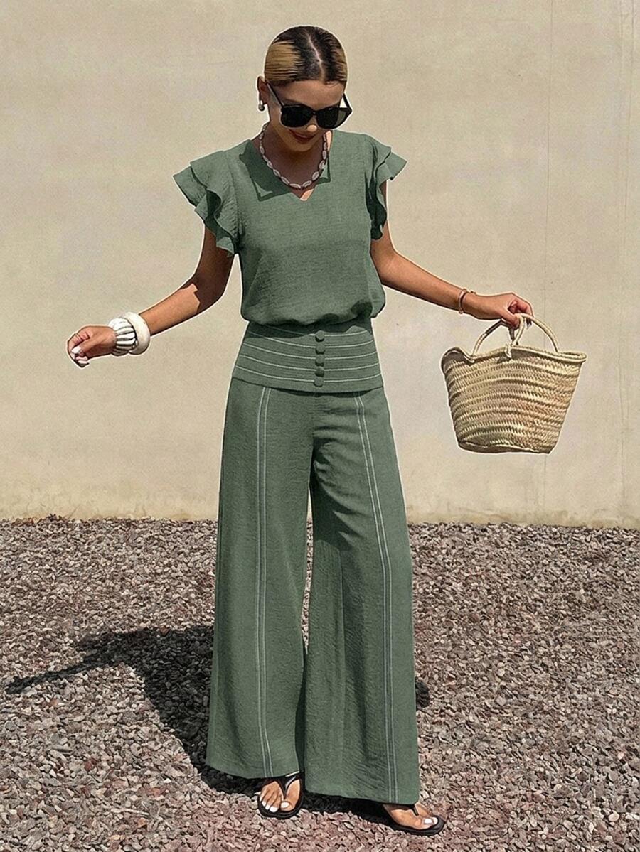 Livesso Women's 2 Pieces Set: V-Neck Ruffle Flutter Sleeve Sage Green Solid Loose Blouse And Casual Elegant Tropical Wide Leg Pants Vacation Brunch Summer - Green - View 1