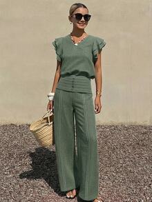 Livesso Women's 2 Pieces Set: V-Neck Ruffle Flutter Sleeve Sage Green Solid Loose Blouse And Casual Elegant Tropical Wide Leg Pants Vacation Brunch Summer - Green - View 4