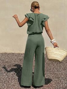 Livesso Women's 2 Pieces Set: V-Neck Ruffle Flutter Sleeve Sage Green Solid Loose Blouse And Casual Elegant Tropical Wide Leg Pants Vacation Brunch Summer - Green - View 2