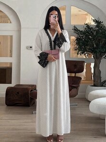 Al Najma Women's Loose Long Sleeve Dress With Polka Dot Contrast Lace Decor Casual Daily Arabic Style Spring Autumn Going Out - White - View 6