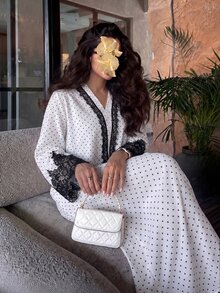 Al Najma Women's Loose Long Sleeve Dress With Polka Dot Contrast Lace Decor Casual Daily Arabic Style Spring Autumn Going Out - White - View 5
