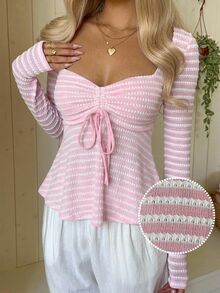 CovetEZ Women's Casual Romantic Cute Fall Pink And White Striped A-Line Knit Top Sweet Chic Jacquard Drawstring Ruffled Hem Date Everyday - Pink - View 6