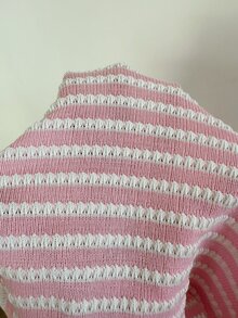 CovetEZ Women's Casual Romantic Cute Fall Pink And White Striped A-Line Knit Top Sweet Chic Jacquard Drawstring Ruffled Hem Date Everyday - Pink - View 8