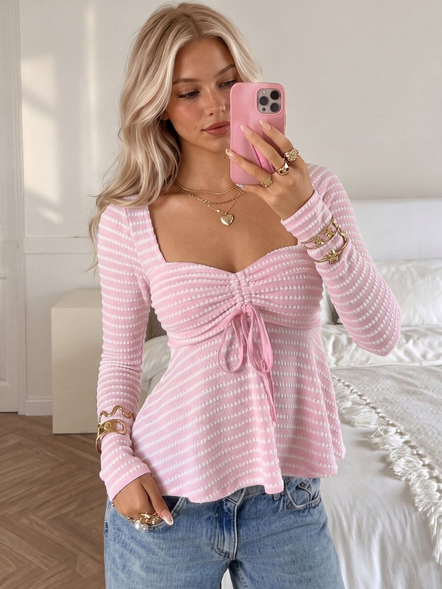 CovetEZ Women's Casual Romantic Cute Fall Pink And White Striped A-Line Knit Top Sweet Chic Jacquard Drawstring Ruffled Hem Date Everyday - Pink - View 1