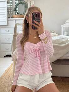 CovetEZ Women's Casual Romantic Cute Fall Pink And White Striped A-Line Knit Top Sweet Chic Jacquard Drawstring Ruffled Hem Date Everyday - Pink - View 7
