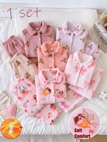 Young Girl Cartoon Pattern Thermal Lined Long Sleeve Top And Pants Casual Daily Home Sleepwear Set - Baby Pink - View 3