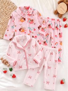 Young Girl Cartoon Pattern Thermal Lined Long Sleeve Top And Pants Casual Daily Home Sleepwear Set - Baby Pink - View 8
