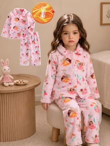 Young Girl Cartoon Pattern Thermal Lined Long Sleeve Top And Pants Casual Daily Home Sleepwear Set - Baby Pink - View 4