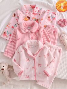 Young Girl Cartoon Pattern Thermal Lined Long Sleeve Top And Pants Casual Daily Home Sleepwear Set - Baby Pink - View 10