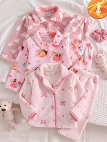 Young Girl Cartoon Pattern Thermal Lined Long Sleeve Top And Pants Casual Daily Home Sleepwear Set - Baby Pink - View 9