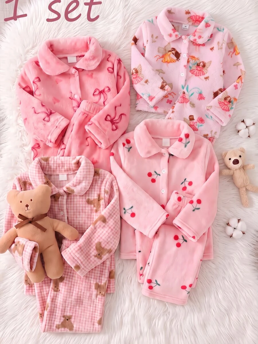 Young Girl Cartoon Pattern Thermal Lined Long Sleeve Top And Pants Casual Daily Home Sleepwear Set - Baby Pink - View 1