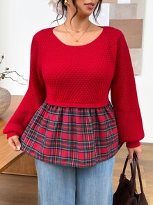 SHEIN Frenchy 大尺碼女款格紋拼接休閒日常長袖針織衫聖誕款 - 紅色 - 查看 6