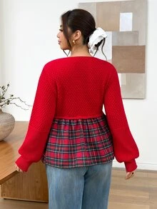 SHEIN Frenchy 大尺碼女款格紋拼接休閒日常長袖針織衫聖誕款 - 紅色 - 查看 5