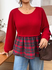 SHEIN Frenchy 大尺碼女款格紋拼接休閒日常長袖針織衫聖誕款 - 紅色 - 查看 4