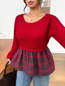 SHEIN Frenchy 大尺碼女款格紋拼接休閒日常長袖針織衫聖誕款 - 紅色 - 查看 8