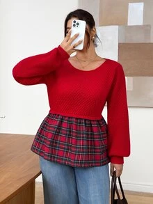 SHEIN Frenchy 大尺碼女款格紋拼接休閒日常長袖針織衫聖誕款 - 紅色 - 查看 7