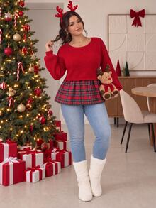 SHEIN Frenchy 大尺碼女款格紋拼接休閒日常長袖針織衫聖誕款 - 紅色 - 查看 2