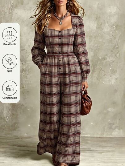 Linhara CURVE Vintage 1920 Elegant Beige Plaid Square Neck Long Sleeve Wide Leg Jumpsuit With Single-Breasted Waist Belt Pockets Pastoral Spring/Autumn Thanksgiving