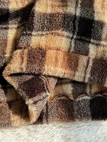 Comfortcana Plus Size Autumn/Winter Retro Brown Plaid Casual Stand Collar Fuzzy Loose Fit Top - Brown - View 8