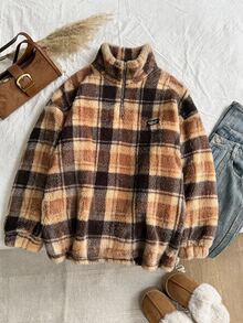 Comfortcana Plus Size Autumn/Winter Retro Brown Plaid Casual Stand Collar Fuzzy Loose Fit Top - Brown - View 7