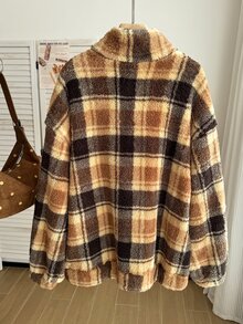 Comfortcana Plus Size Autumn/Winter Retro Brown Plaid Casual Stand Collar Fuzzy Loose Fit Top - Brown - View 2