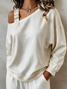 Glimmora New One-Shoulder Cold Shoulder Loose Casual Women's Sweatshirt - Apricot - View 4